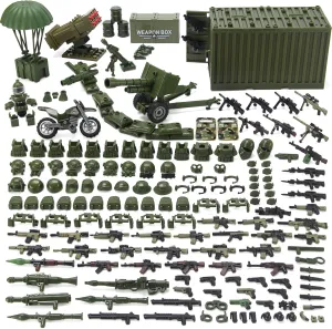 Jungle Green Army Accessories Kit 325 Pcs Military Weapons Pack Gear E.O.D Suit NVD Helmet Shipping Container Armory Building Block Toy for Soldiers Compatible with Major Brands