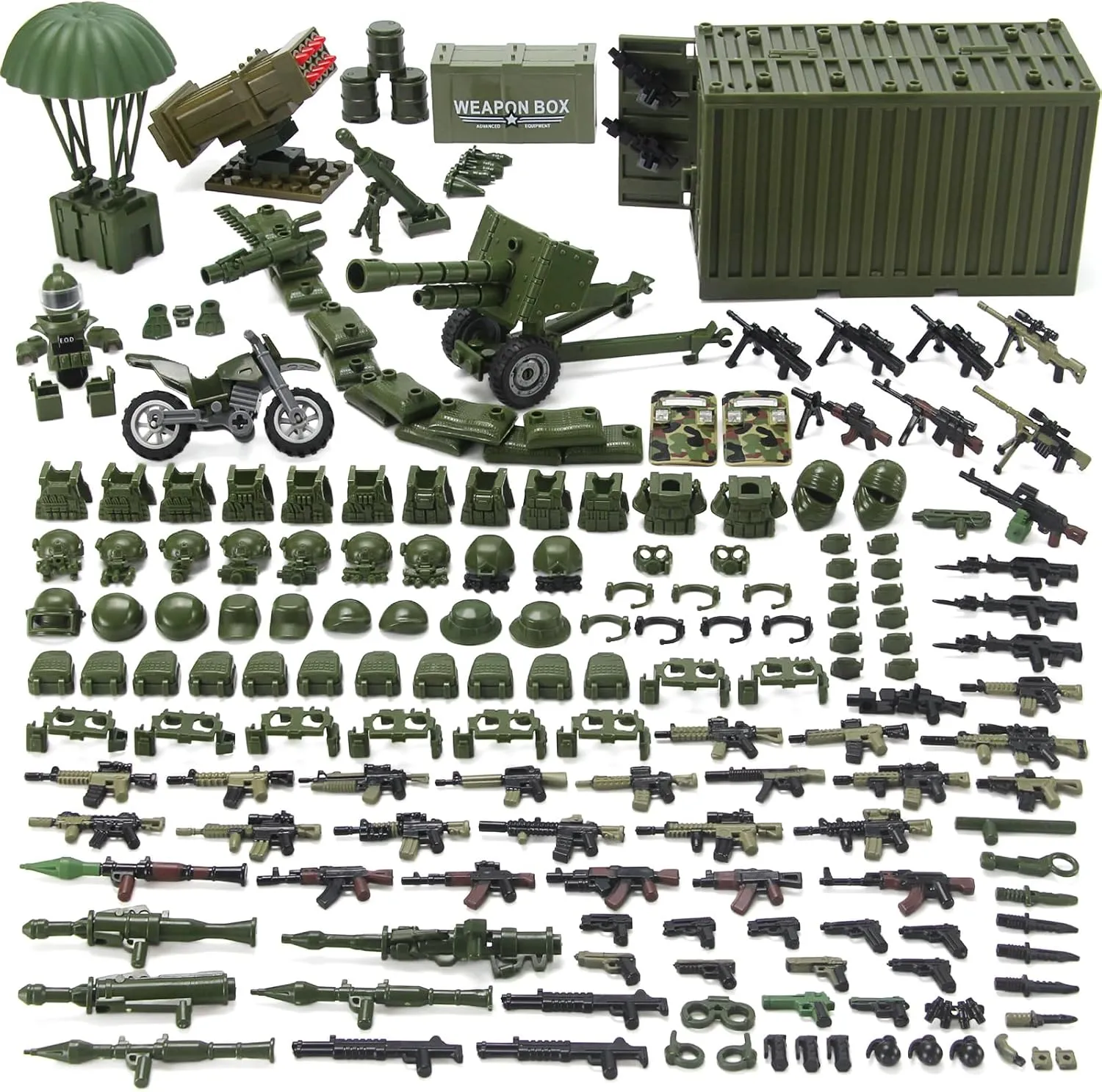 Jungle Green Army Accessories Kit 325 Pcs Military Weapons Pack Gear E.O.D Suit NVD Helmet Shipping Container Armory Building Block Toy for Soldiers Compatible with Major Brands