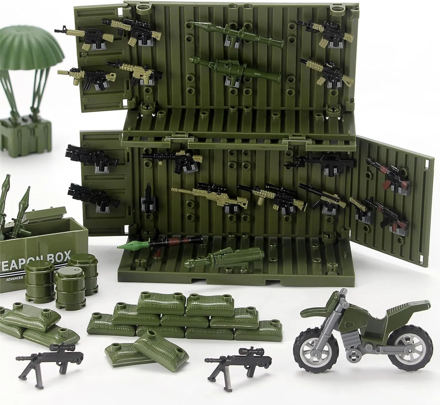 Jungle Green Army Accessories Kit 325 Pcs Military Weapons Pack Gear E.O.D Suit NVD Helmet Shipping Container Armory Building Block Toy for Soldiers Compatible with Major Brands