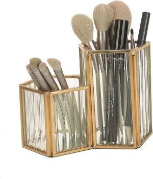 K COOL Makeup Brush Holder Organizer, 2 Slot Gold Metal Cosmetics Brushes Storage, Brushes Cup for Vanity, Desk, Dresser, Bathroom, Bedroom, Countertops, Pen Pencil Holder