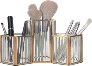 K COOL Makeup Brush Holder Organizer, 3 Slot Gold Metal Cosmetics Brushes Storage, Brushes Cup for Vanity, Desk, Dresser, Bathroom, Bedroom, Countertops, Pen Pencil Holder