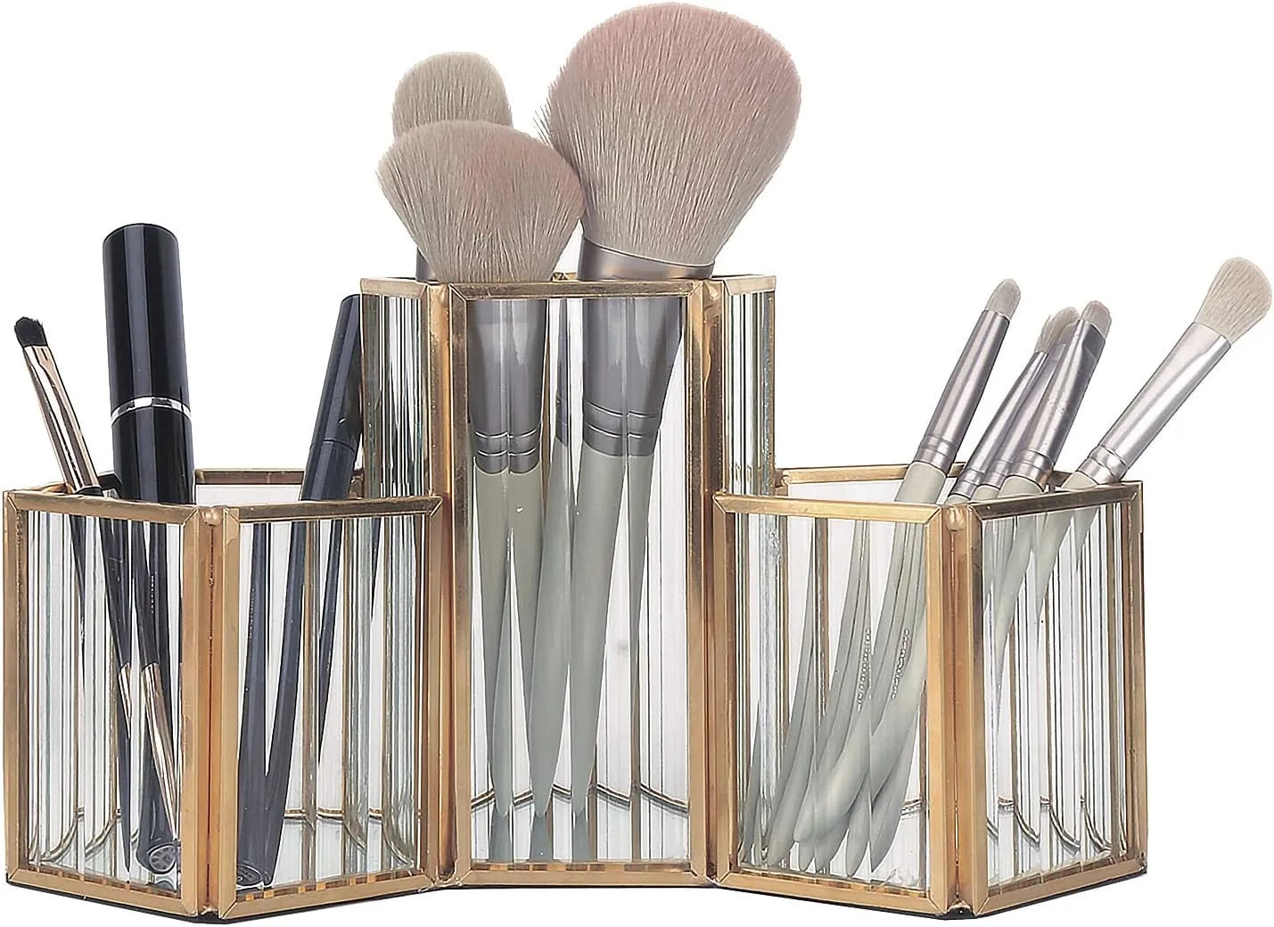 K COOL Makeup Brush Holder Organizer, 3 Slot Gold Metal Cosmetics Brushes Storage, Brushes Cup for Vanity, Desk, Dresser, Bathroom, Bedroom, Countertops, Pen Pencil Holder