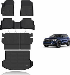 KELCSEECS® Floor Mats & Cargo Liner with Seatback Mats Custom for 2024 2025 Kia Seltos(Cargo Mat Only Fit The Upper Layer) All Weather Protection TPE Floor Liners Full Set Kia Seltos Accessories Black