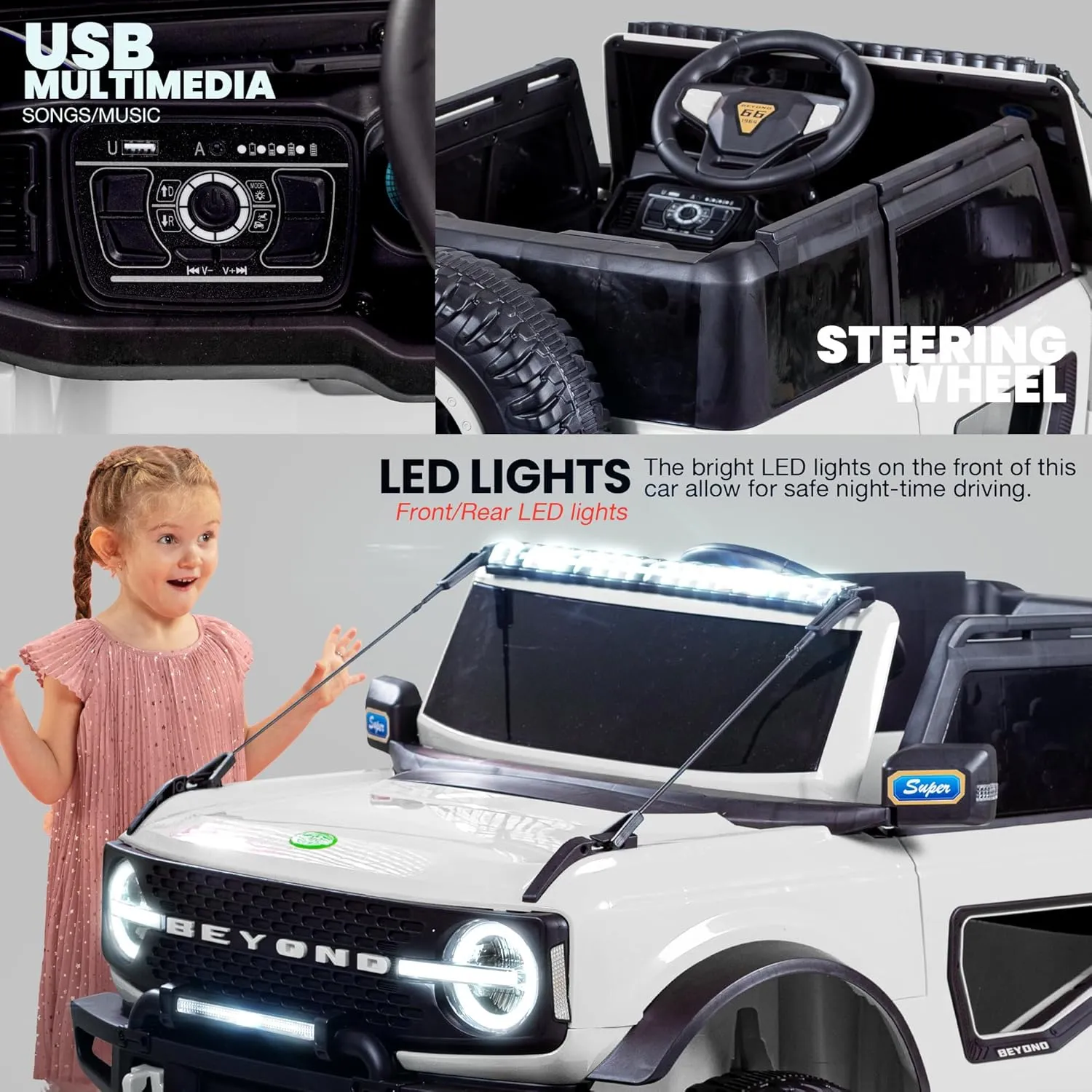 Kids Battery Operated Jeep for Kids, Ride on Toy Kids Car with LED Light & Music