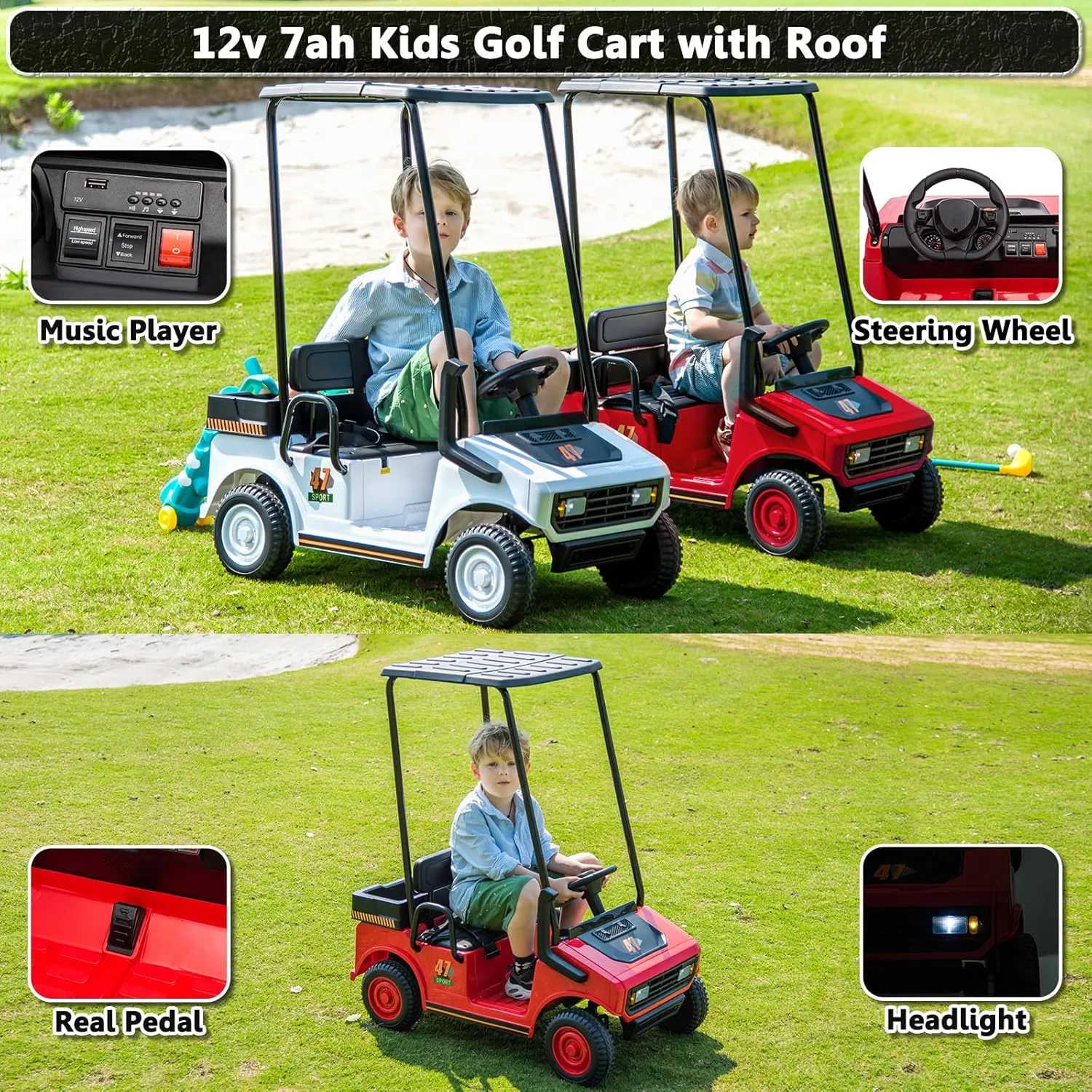 Kids Golf Cart with Remote Control, 2-Seater Ride on Toys for Kids Boys Girls, 12V Battery Powered Electric Vehicle with Plastic Roof, Real Pedal, Music Player (Red)