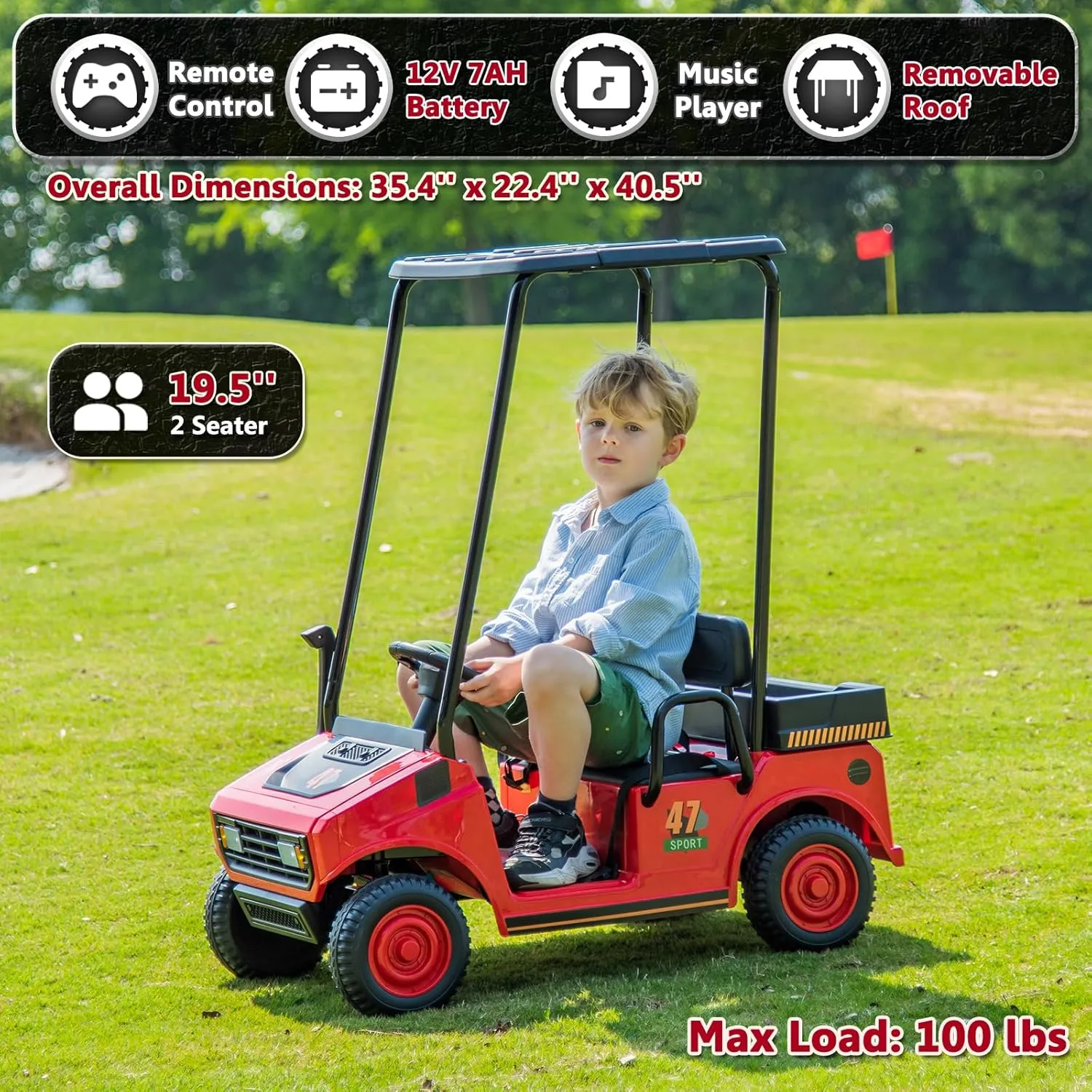 Kids Golf Cart with Remote Control, 2-Seater Ride on Toys for Kids Boys Girls, 12V Battery Powered Electric Vehicle with Plastic Roof, Real Pedal, Music Player (Red)