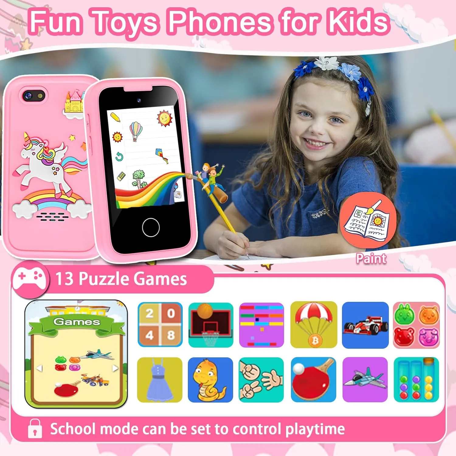 Kids Phone for Girls Toys, Gifts for 3 4 5 6 7 8 9 Year Old Girls Boys Christmas Birthday Kids Toys, Touchscreen Toddler Learning Cell Toy Phone with Dual Camera, Game, Music Player, 8GB Card Pink