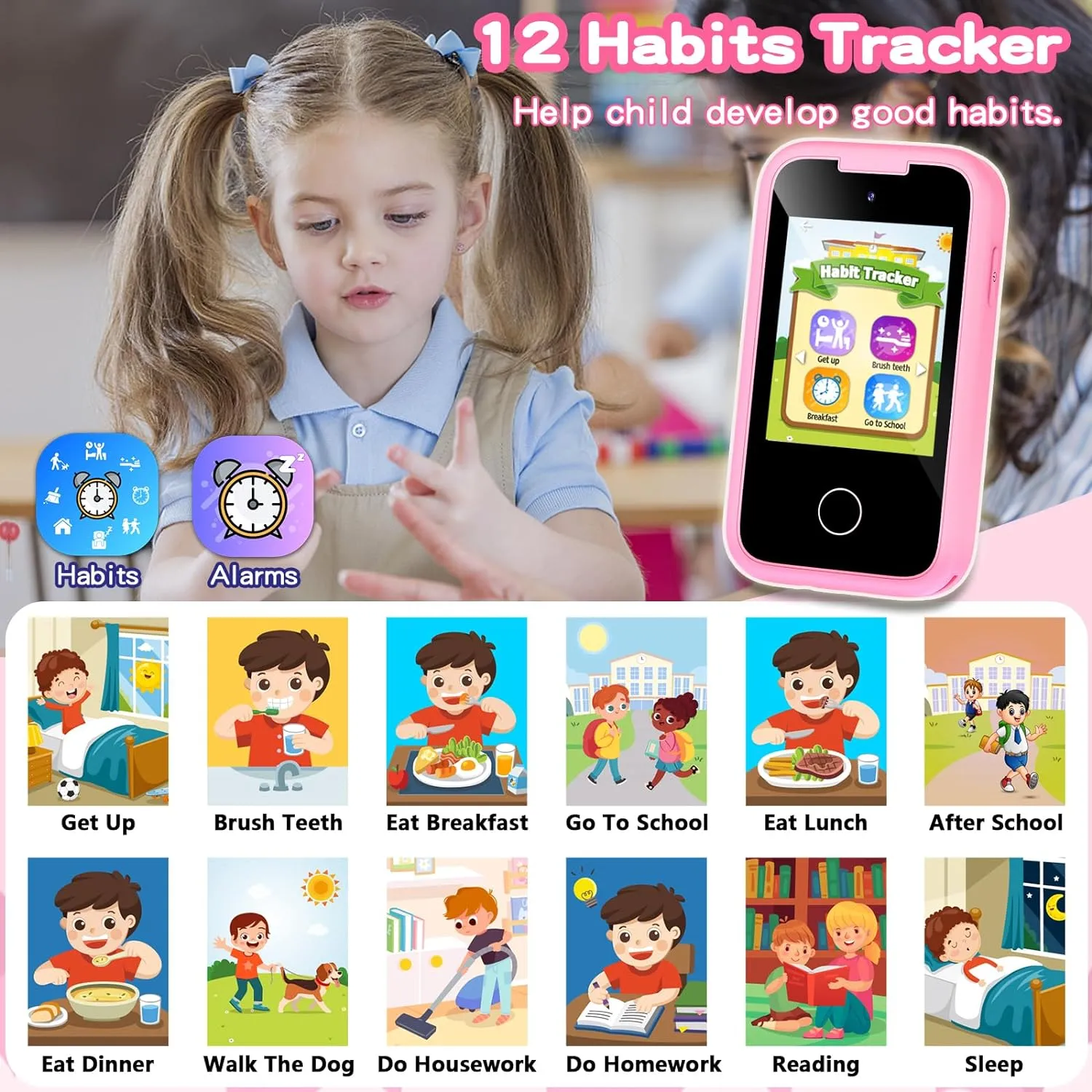 Kids Phone for Girls Toys, Gifts for 3 4 5 6 7 8 9 Year Old Girls Boys Christmas Birthday Kids Toys, Touchscreen Toddler Learning Cell Toy Phone with Dual Camera, Game, Music Player, 8GB Card Pink
