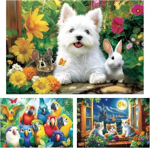 Kids Puzzles Ages 5-8 - Parrot Cat Dog Puzzle 100 Piece Jigsaw Puzzle for Kids Ages 4-6 Toddler Puzzles, Cute Animals Collection Puzzle Gift Educational Toys for Boys and Girls 3-Pack