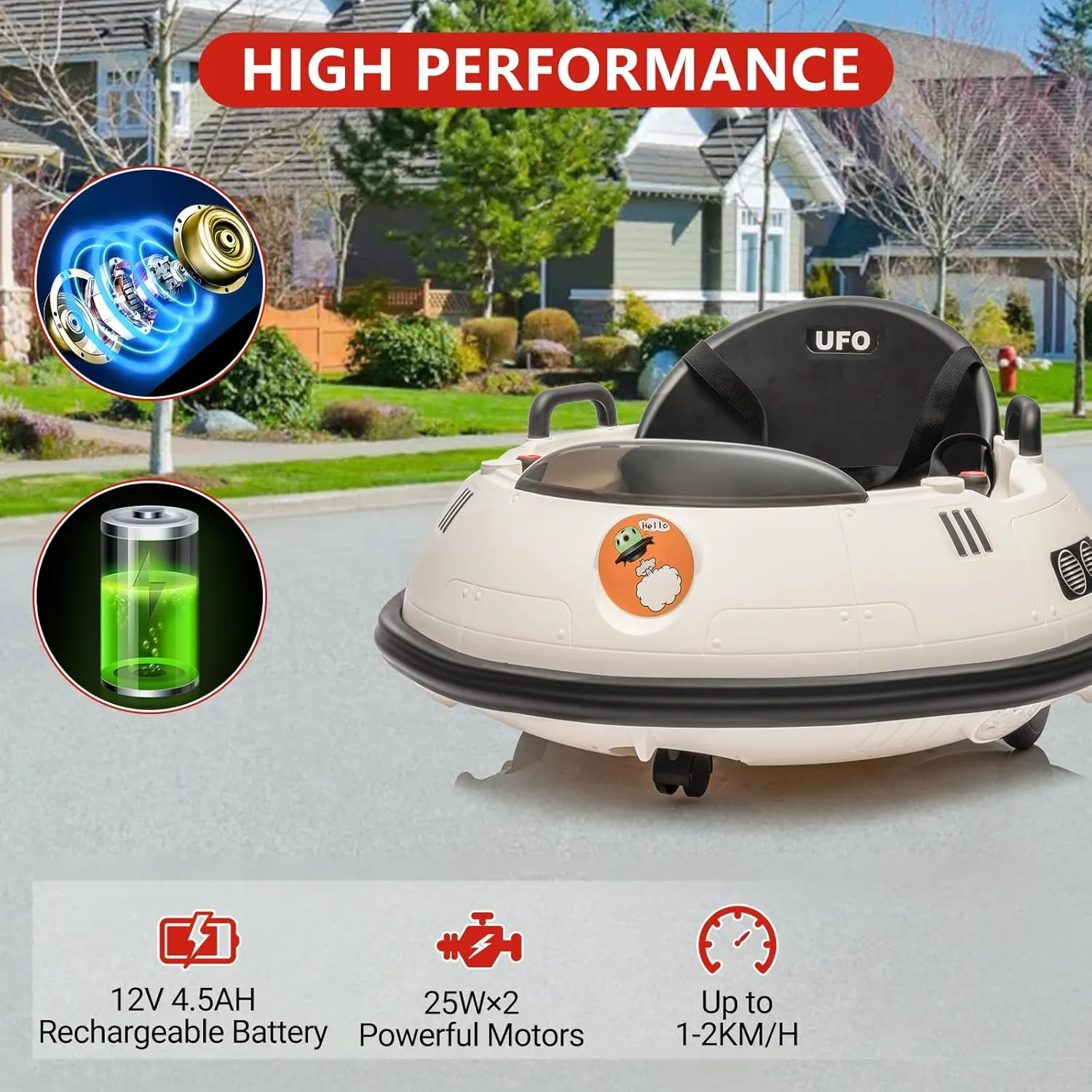 Kids Ride On Bumper Car, 12V Electric Bumping Car with Remote Control, 360 Degree Spin, Flashing Lights, Safety Belt, Music, Bumper Car for Toddlers, White