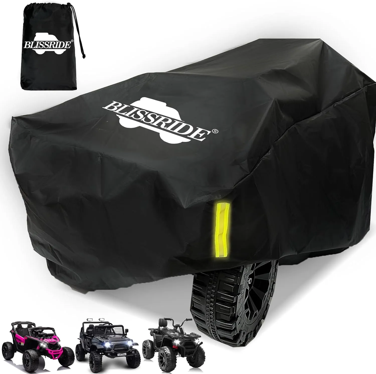 Kids Ride on Car Cover, Large Ride on Toy Cover Universal with 4 Reflective Strips, Adjustable Drawstring, Waterproof, Windproof Straps, Storage Bag, Outdoor Wrapped Resistant Power Wheels Truck Cover