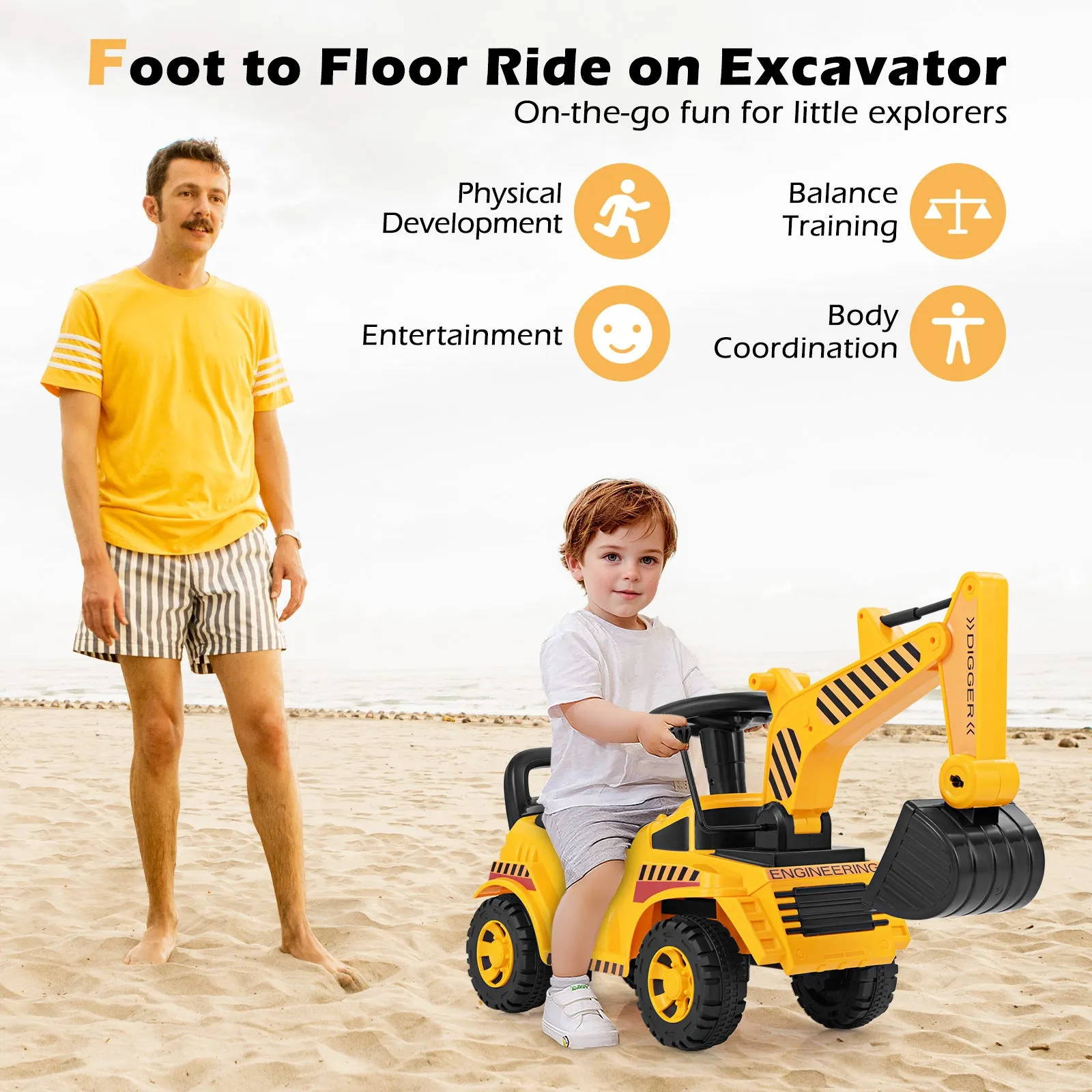 Kids Ride on Excavator with Adjustable Shovel-Yellow