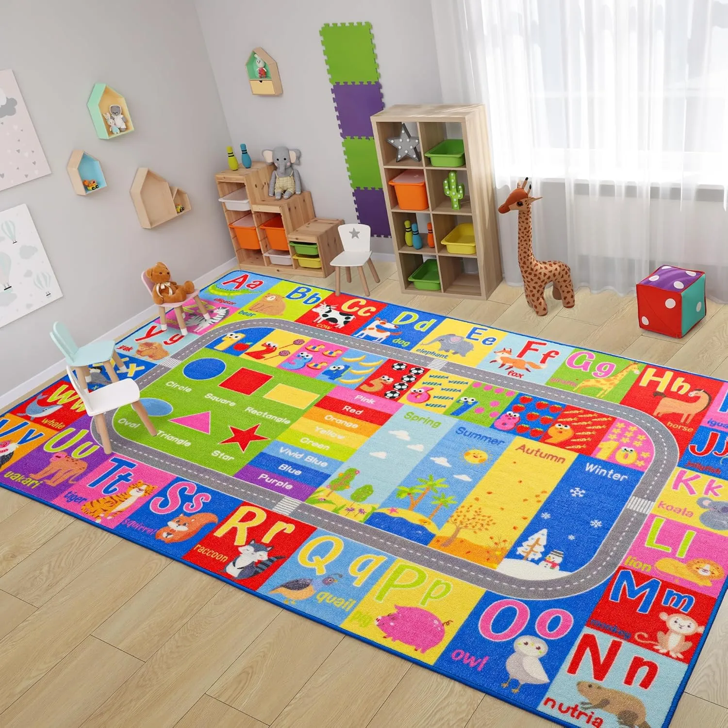 Kids Rug for Playroom Classroom, ABC Alphabet Numbers Play Toddlers Rugs, 5x7 Learning Educational Bedroom Floor Mat, Washable Baby Carpet for Boys Room, Nursery, Preschool, Daycare