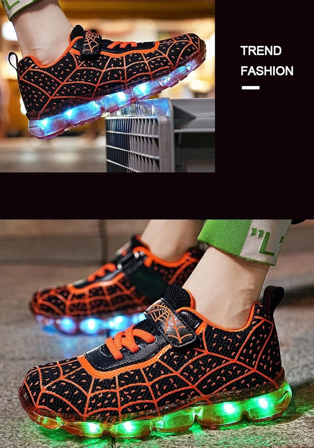 Kids Led Light Up Shoes Flash Sneakers with Spider Upper USB Charge Luminous Trainers for Boys Girls Toddles