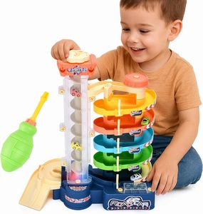 Kidzlane Multicolor Car Race Track Tower – Toddler Ramp Toy and Racing Car Track for Kids Playset – Car Garage and Large Vehicle Playset – Preschool Track for Cars – 4.5" x 8.5" x 12.6" – Set of 28