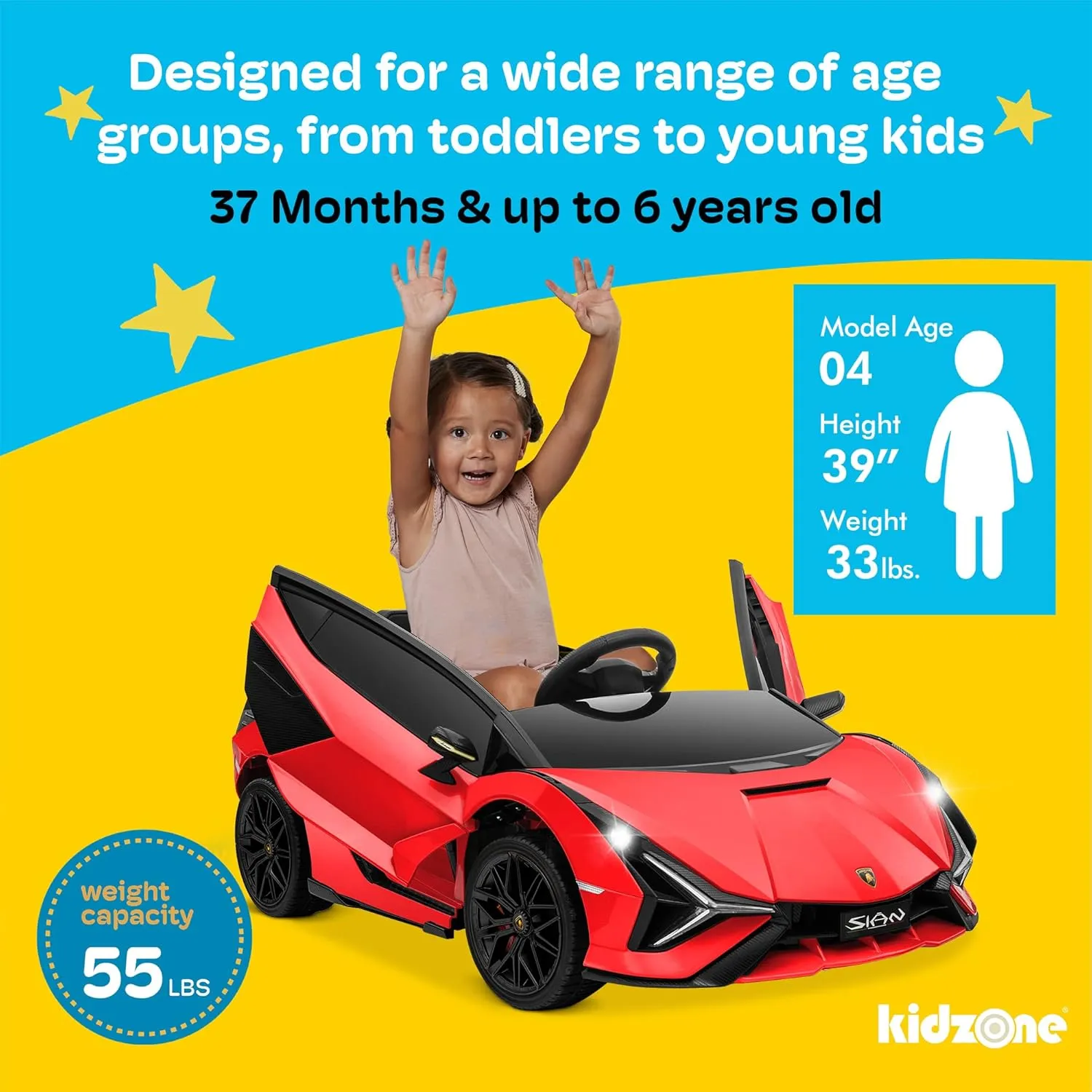 Kidzone Kids Electric Ride On 12V Licensed Lamborghini Sian Roadster Battery Powered Sports Car Toy with 2 Speeds, Parent Control, Sound System, LED Headlights & Hydraulic Doors - Orange