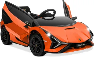 Kidzone Kids Electric Ride On 12V Licensed Lamborghini Sian Roadster Battery Powered Sports Car Toy with 2 Speeds, Parent Control, Sound System, LED Headlights & Hydraulic Doors - Orange