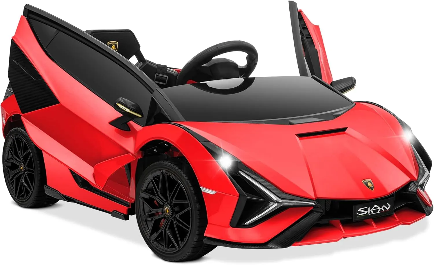 Kidzone Kids Electric Ride On 12V Licensed Lamborghini Sian Roadster Battery Powered Sports Car Toy with 2 Speeds, Parent Control, Sound System, LED Headlights & Hydraulic Doors - Red