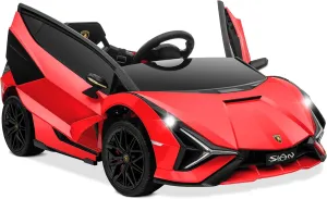 Kidzone Kids Electric Ride On 12V Licensed Lamborghini Sian Roadster Battery Powered Sports Car Toy with 2 Speeds, Parent Control, Sound System, LED Headlights & Hydraulic Doors - Red