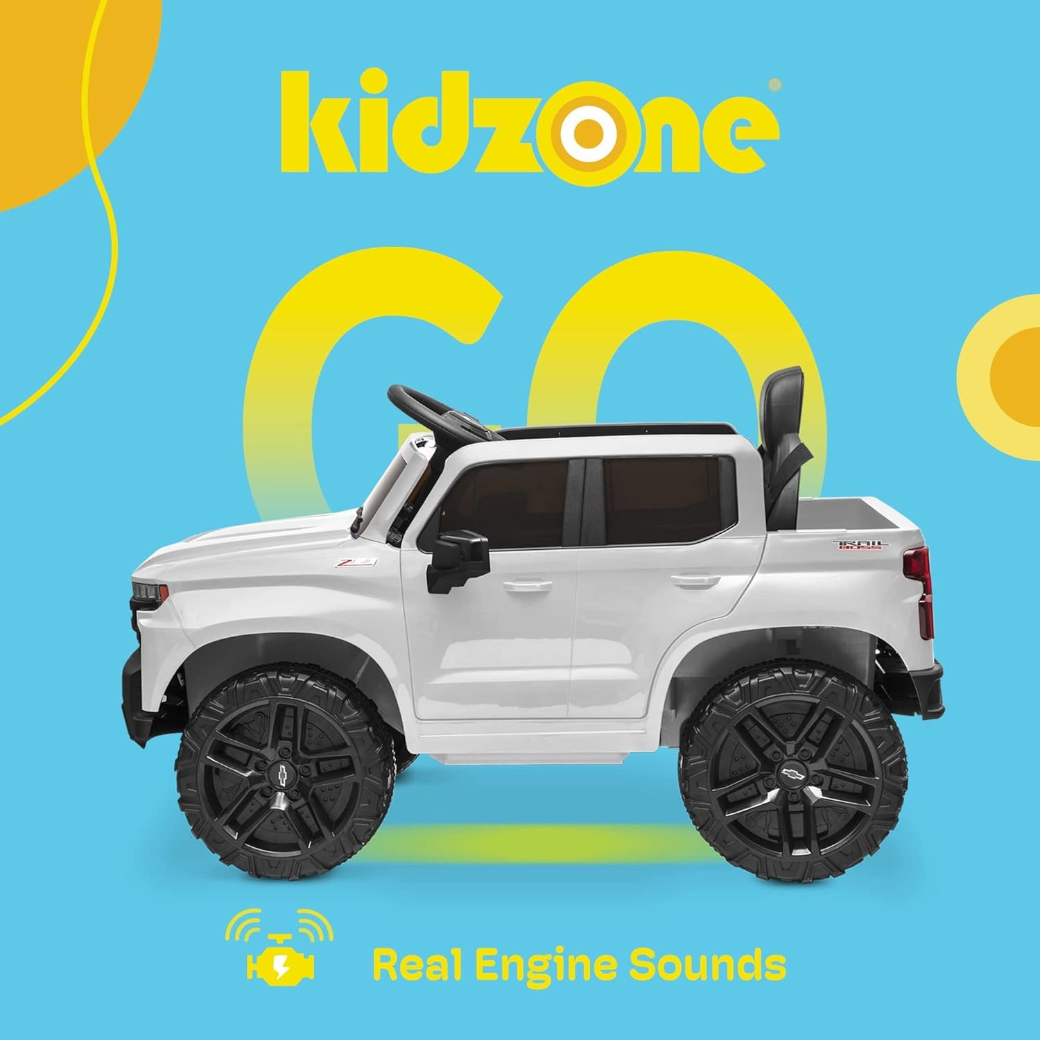 Kidzone 12V Battery Powered Licensed Chevrolet Silverado Trail Boss LT Kids Ride On Truck Car Electric Vehicle Jeep with Remote Control, MP3, LED Lights - White
