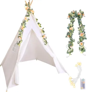 Kigley 1 Set Teepee Tent for Girls Sleepover Tent for Boys Slumber Party White Cotton Linen Play Tent with 6.6 ft Pink Fake Rose Vine 10 ft Battery Operated String Lights for Room Decor(1 Set)