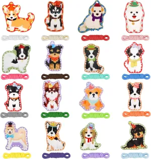 Kigley 16 Pcs Wooden Lacing Card for Kids Double Side Sewing Puppy Kids Lacing Card Educational Threading Toys for Children Imagination Development Activity