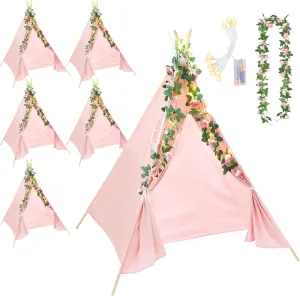 Kigley 6 Sets Teepee Tents Indoor White Cotton Linen Play Teepee Tents with 6.6 ft Pink Fake Rose Vine Artificial Garland 10 ft Battery Operated String Lights for Room Decor