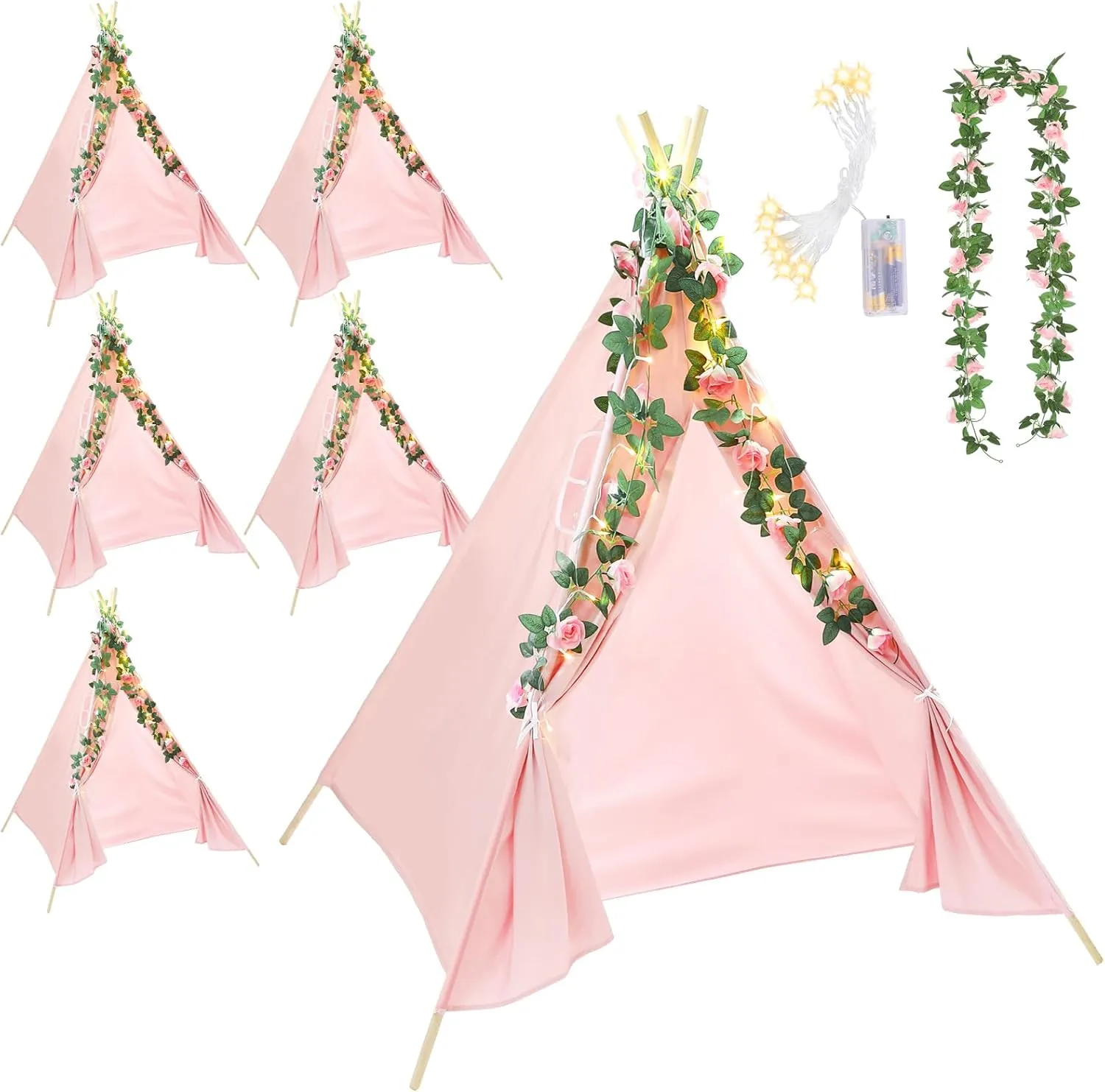 Kigley 6 Sets Teepee Tents Indoor White Cotton Linen Play Teepee Tents with 6.6 ft Pink Fake Rose Vine Artificial Garland 10 ft Battery Operated String Lights for Room Decor