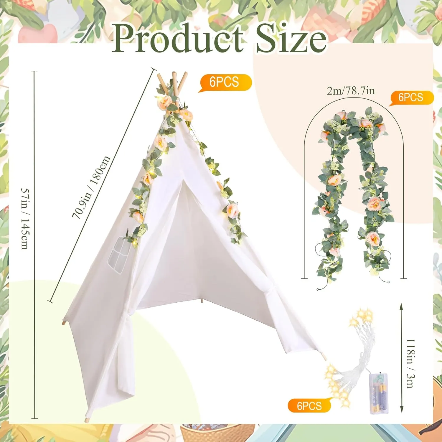 Kigley Teepee Tent for Kids Indoor Kids Teepee White Cotton Linen Play Tent with 6.6 Ft Pink Fake Rose Vine Artificial Garland 10 Ft Battery Operated String Lights for Girl and Boy Room Decor(2 Sets)