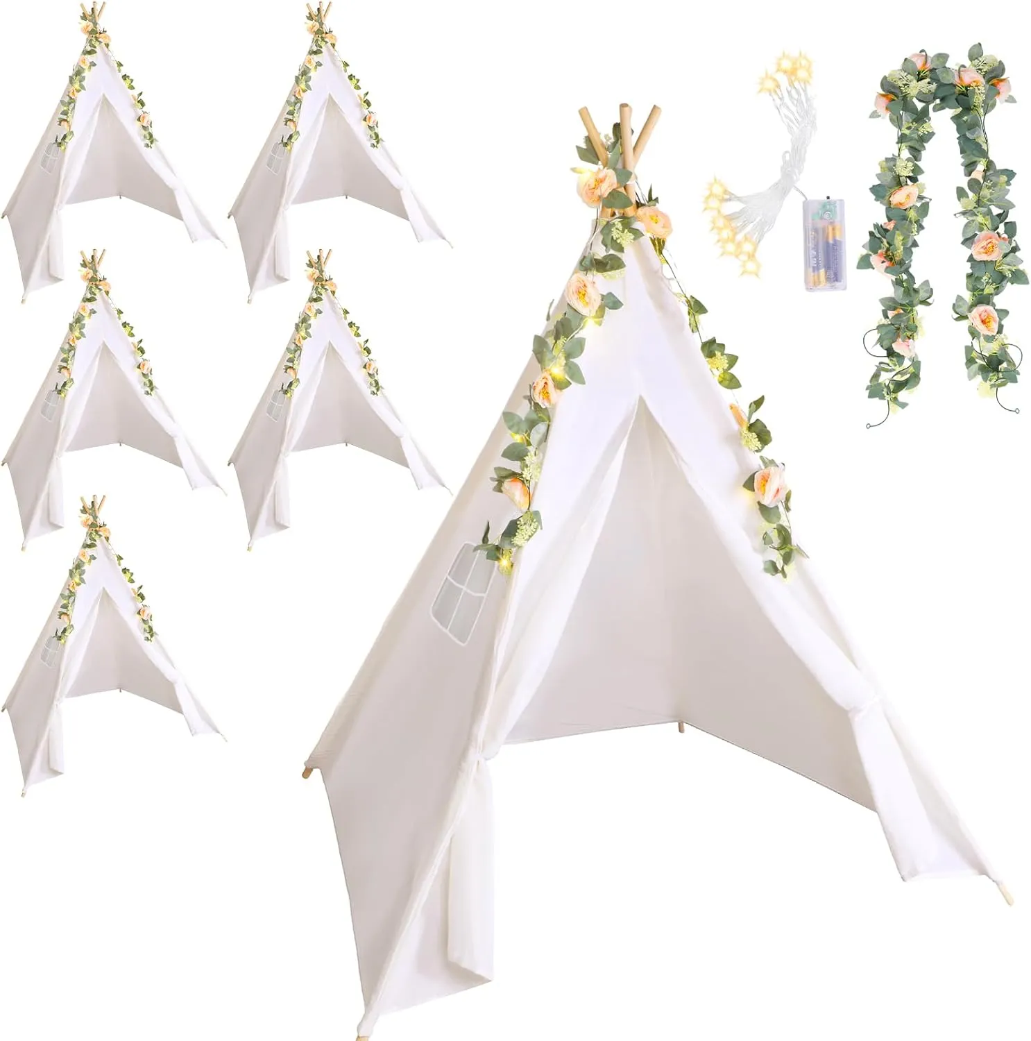 Kigley Teepee Tent for Kids Indoor Kids Teepee White Cotton Linen Play Tent with 6.6 Ft Pink Fake Rose Vine Artificial Garland 10 Ft Battery Operated String Lights for Girl and Boy Room Decor(2 Sets)