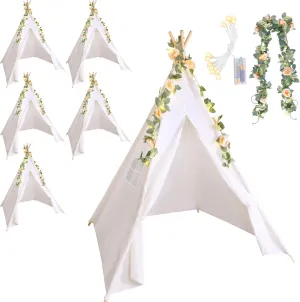 Kigley Teepee Tent for Kids Indoor Kids Teepee White Cotton Linen Play Tent with 6.6 Ft Pink Fake Rose Vine Artificial Garland 10 Ft Battery Operated String Lights for Girl and Boy Room Decor(2 Sets)