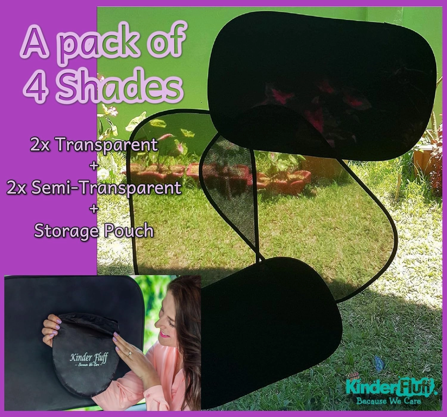 kinder Fluff Car Window Shade (4Pack)-The Only Certified Car Window Sun Shade for Baby Proven to Block 99.95% UVR - Mom's Choice Gold Award - Car Seat Sun Protection - Jumbo