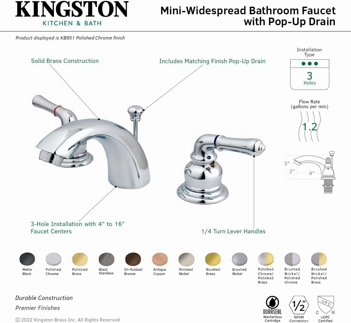 Kingston Brass KB959 Magellan II 4-Inch to 8-Inch Mini Widespread Lavatory Faucet with Metal lever handle, Polished Brass and Brushed Nickel