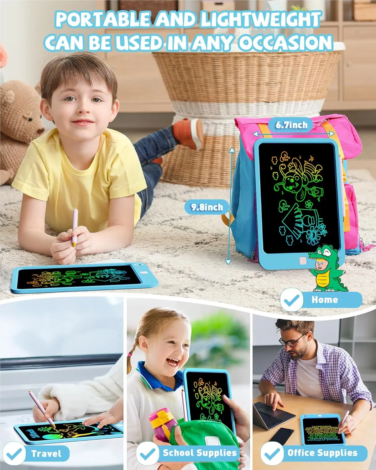KOKODI LCD Writing Tablet for Kids, 10 Inch Colorful Drawing Tablet, Educational Learning Kids Toys for Age 3-12 Years Old, Toddler Doodle Board, Blue