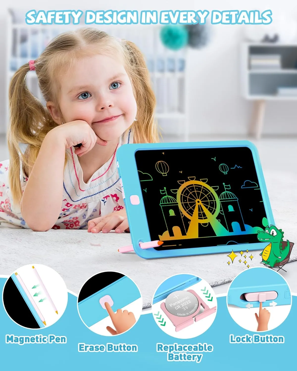 KOKODI LCD Writing Tablet for Kids, 10 Inch Colorful Drawing Tablet, Educational Learning Kids Toys for Age 3-12 Years Old, Toddler Doodle Board, Blue