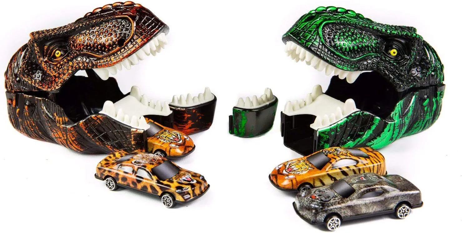 KOVOT Dinosaur Car Shooter Playset: 2 Dino Heads & 4 Clicking & Shooting Cars Included