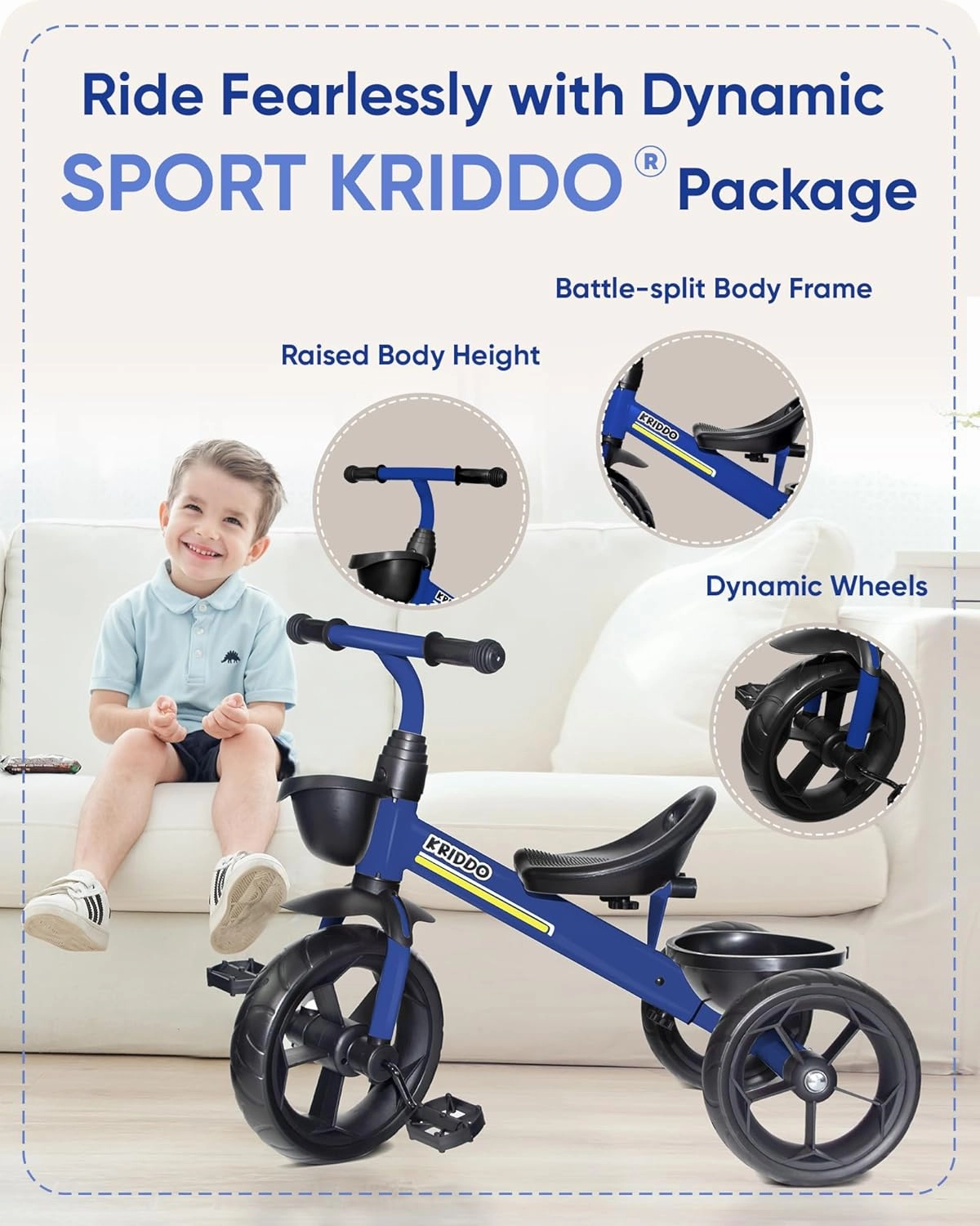 KRIDDO Kids Tricycles Age 24 Month to 4 Years, Toddler Kids Trike for 2.5 to 5 Year Old, Gift Toddler Tricycles for 2-4 Year Olds, Trikes for Toddlers, Sporty Styling, Blue