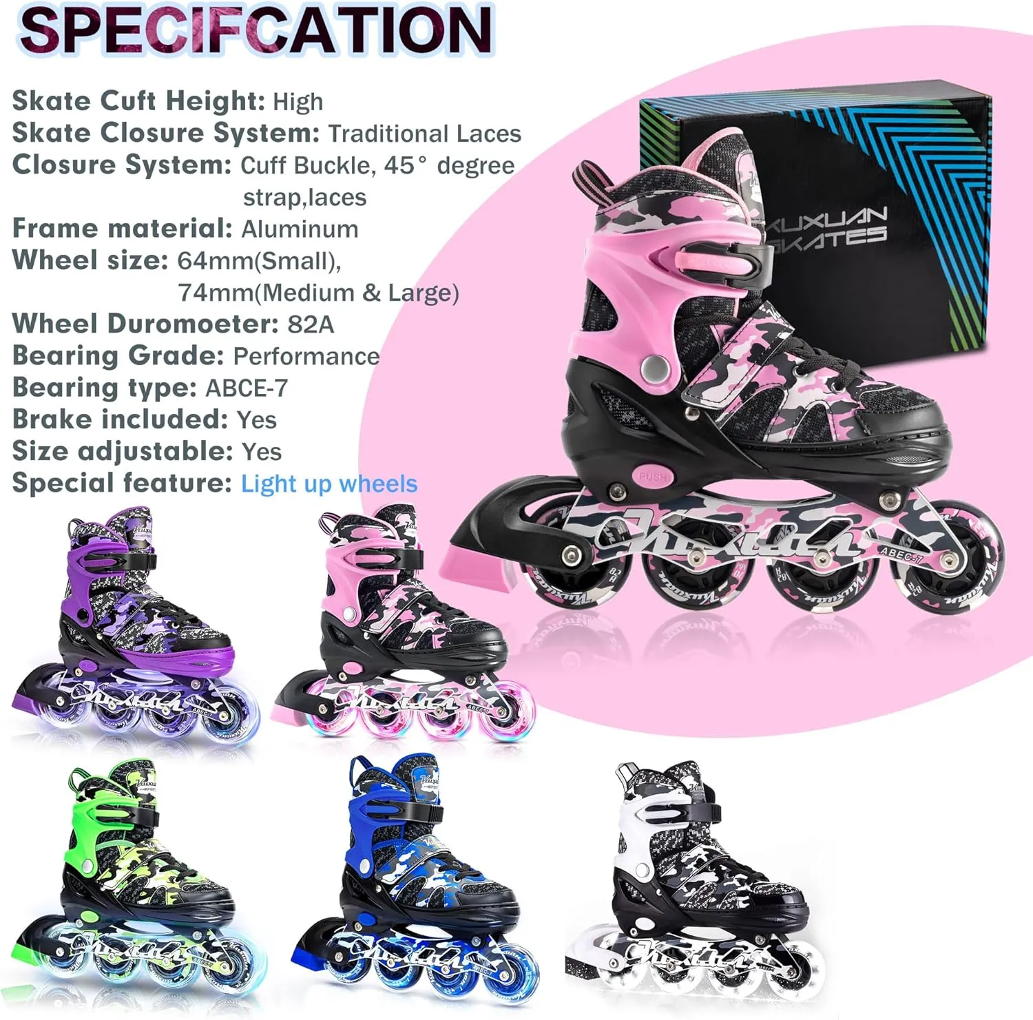 Kuxuan Boys Adjustable Inline Skates with Light up Wheels, Fun Illuminating Skates for Kids Girls Youth