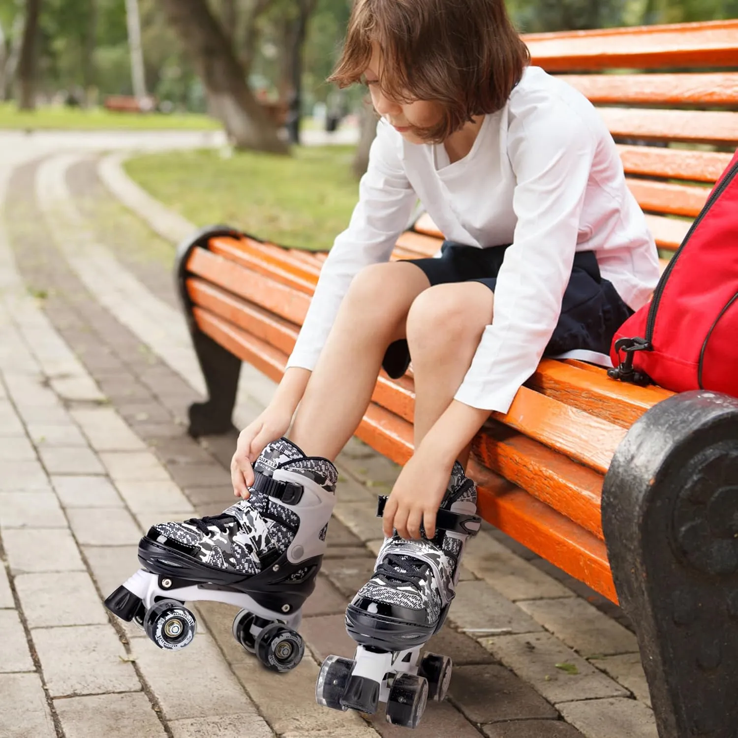 Kuxuan Skates Boys and Girls Camo Adjustable Roller Skates with Light up Wheels, Fun Illuminating Rollerskate for Kids Girls Youth