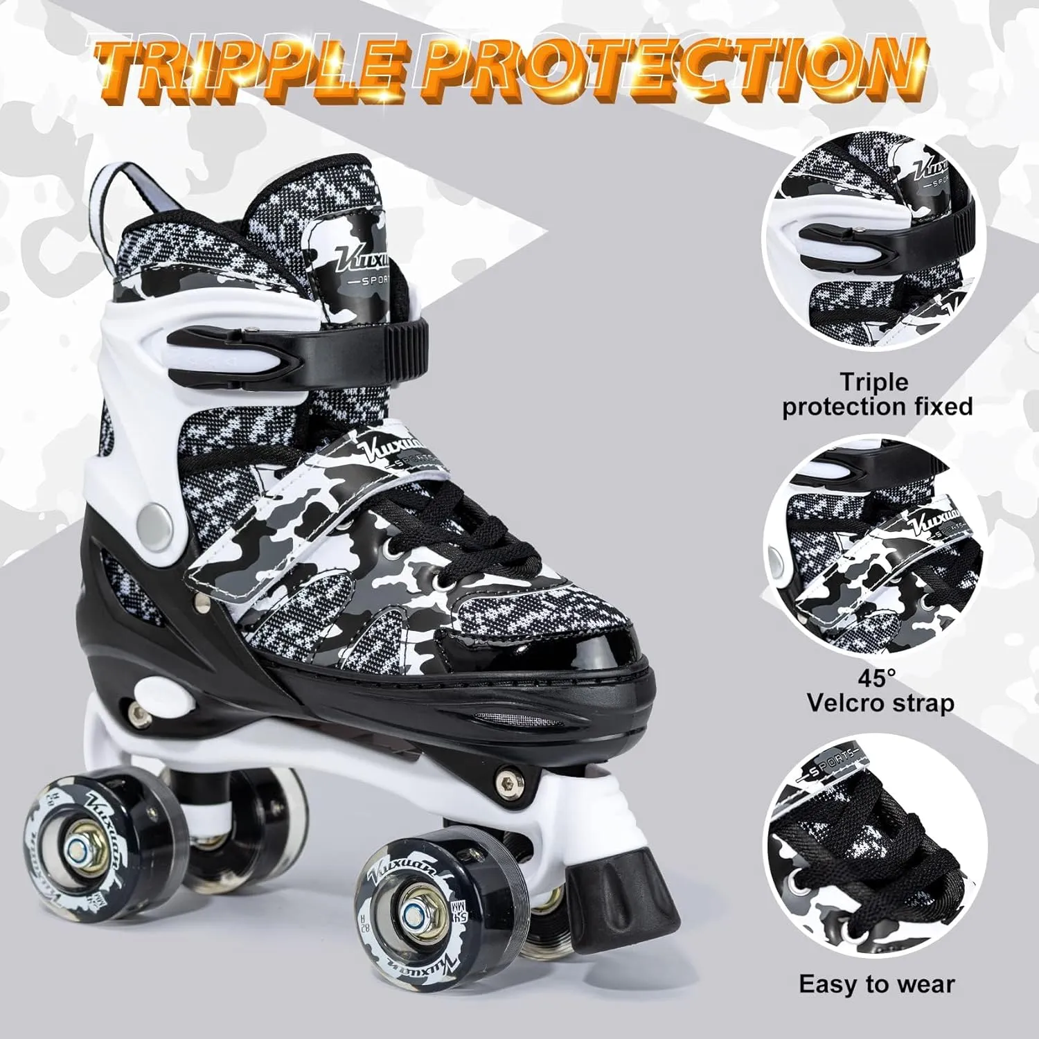 Kuxuan Skates Boys and Girls Camo Adjustable Roller Skates with Light up Wheels, Fun Illuminating Rollerskate for Kids Girls Youth