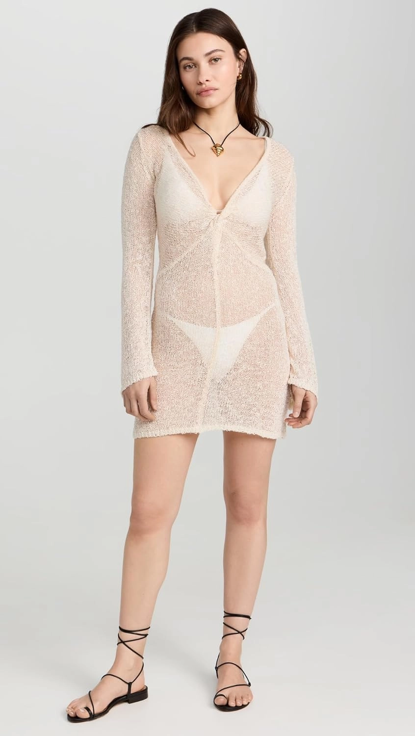 L*Space Palisades Cover-Up for Women, Knit Sweater Mini Dress Featuring Long Bell Sleeves, Deep-V and Neckline Twist