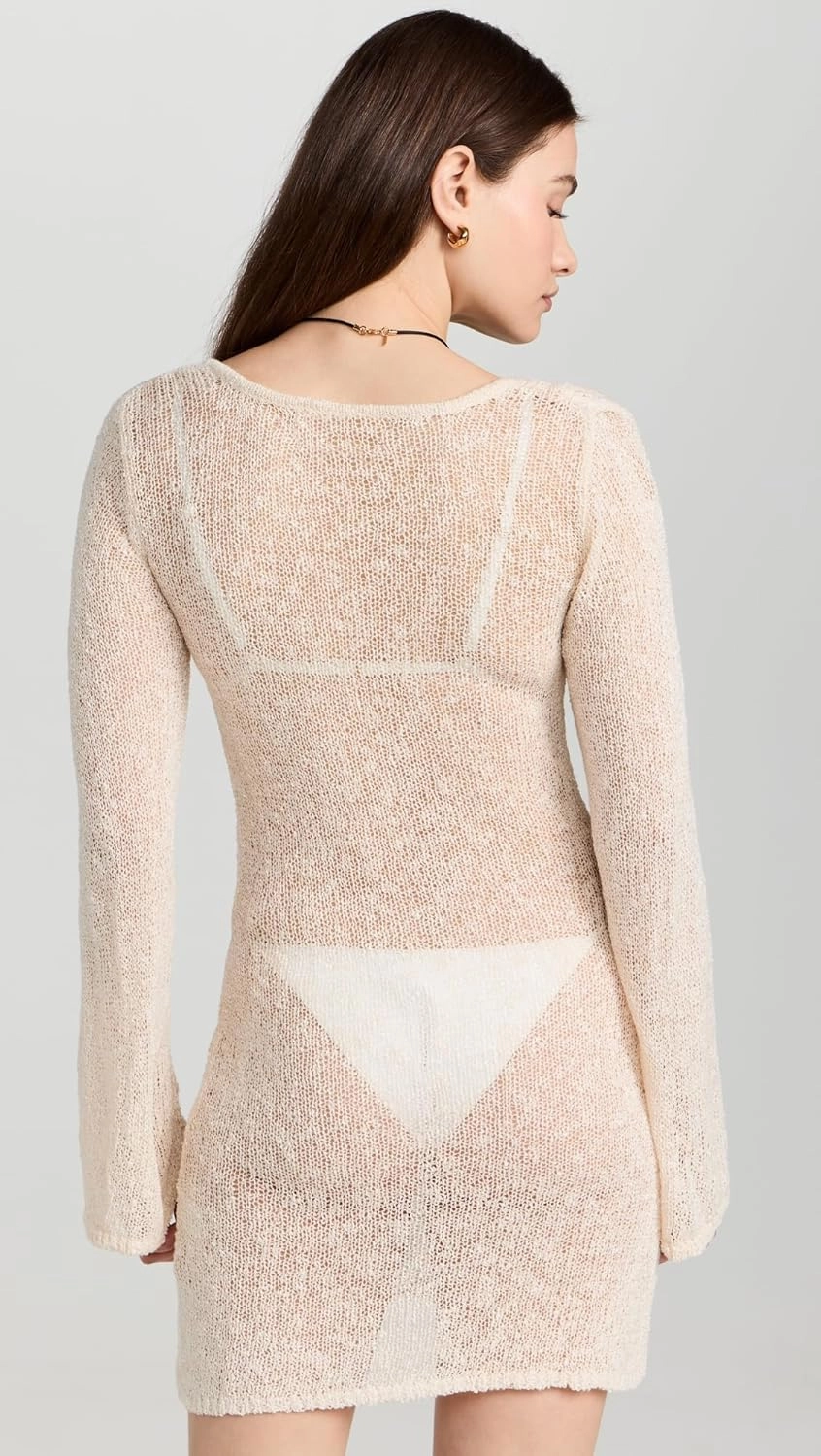 L*Space Palisades Cover-Up for Women, Knit Sweater Mini Dress Featuring Long Bell Sleeves, Deep-V and Neckline Twist