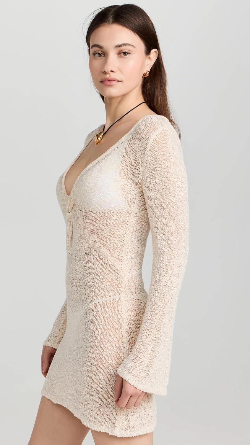 L*Space Palisades Cover-Up for Women, Knit Sweater Mini Dress Featuring Long Bell Sleeves, Deep-V and Neckline Twist