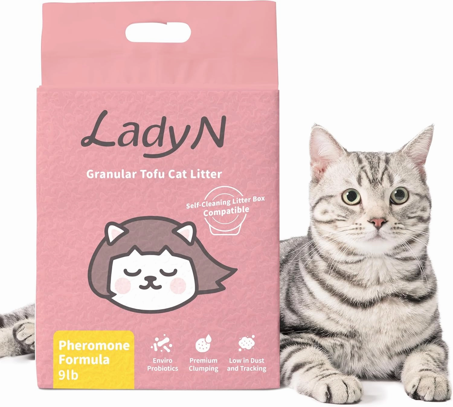 Lady N Cat Attract Tofu Litter – Natural Attractant Formula for Litter Box Training, Calming Pheromone for Multi-Cat Homes, Granular Mini-Pellet Shape for Self-Cleaning Box, 9lb
