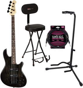Lakland Skyline 44-OS Offset Bass Guitar, Trans Black with Rosewood Fingerboard, Gator GFW-GTR-SEAT and Stand, ErnieBall 1/4 Cable Bundle
