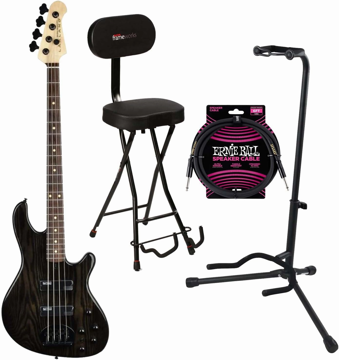 Lakland Skyline 44-OS Offset Bass Guitar, Trans Black with Rosewood Fingerboard, Gator GFW-GTR-SEAT and Stand, ErnieBall 1/4 Cable Bundle