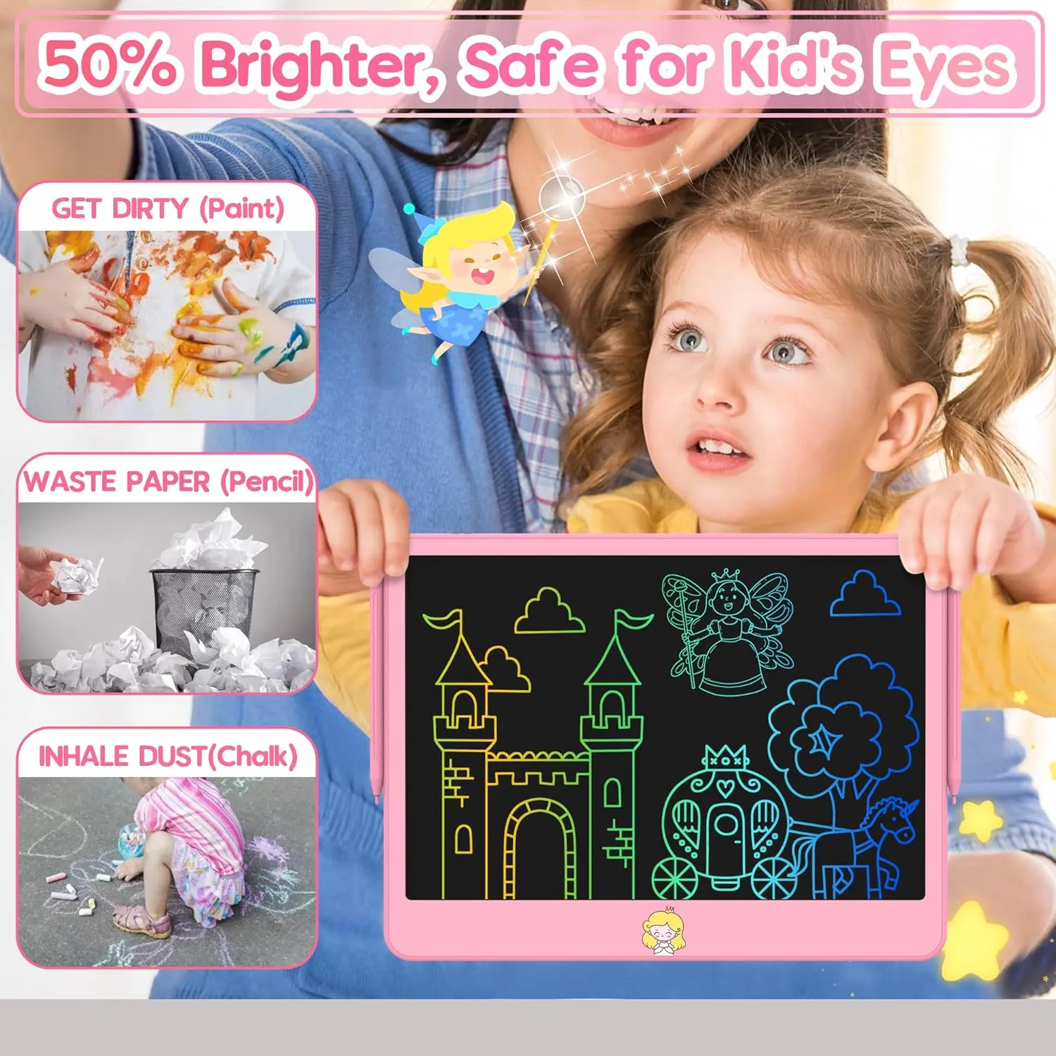 LCD Writing Tablet for Kids 12 Inch, Toys for Boys Girls Drawing Pad for 3 4 5 6 7 Year Old Kids Toys, Toddler Erasable Doodle Board Travel Essentials, Children’s Day Gift for Kids - Pink