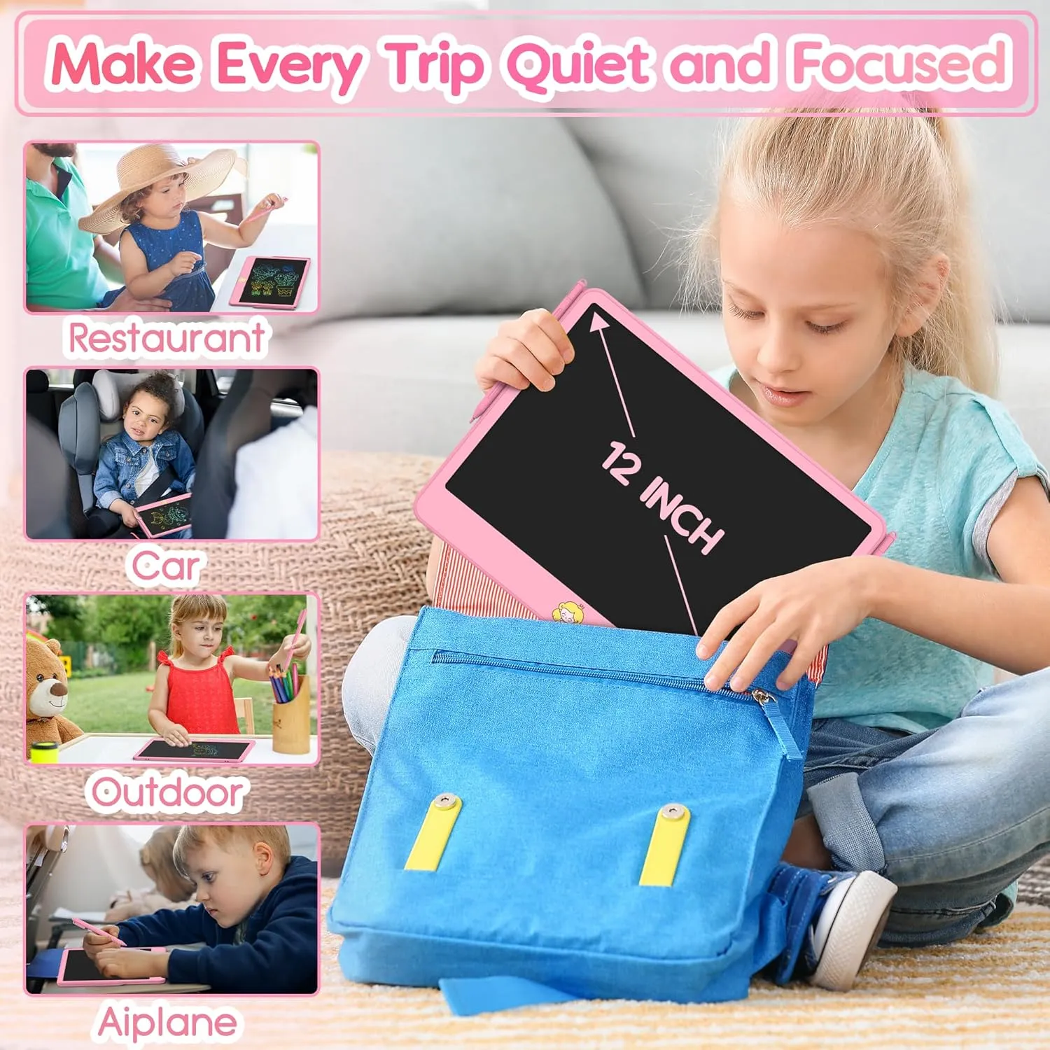 LCD Writing Tablet for Kids 12 Inch, Toys for Boys Girls Drawing Pad for 3 4 5 6 7 Year Old Kids Toys, Toddler Erasable Doodle Board Travel Essentials, Children’s Day Gift for Kids - Pink