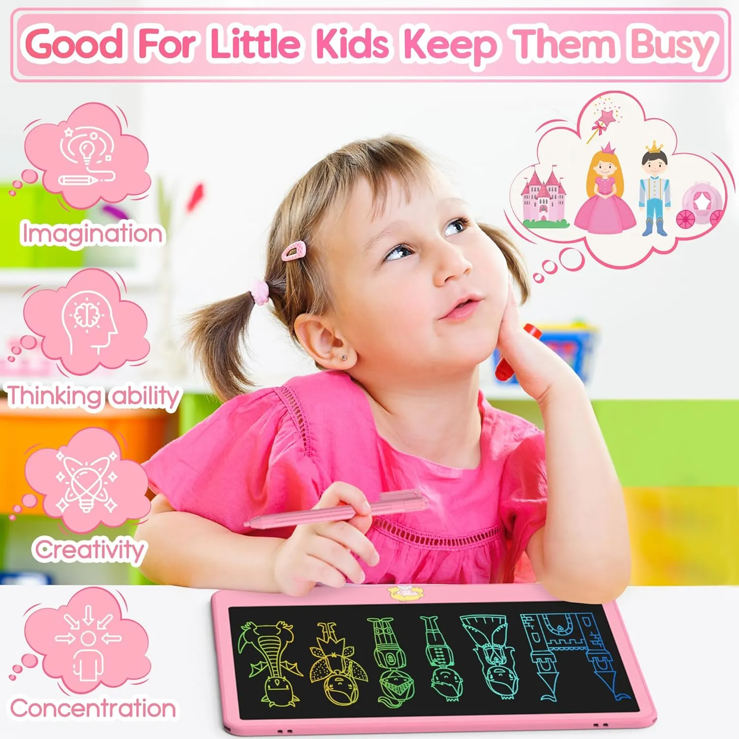 LCD Writing Tablet for Kids 12 Inch, Toys for Boys Girls Drawing Pad for 3 4 5 6 7 Year Old Kids Toys, Toddler Erasable Doodle Board Travel Essentials, Children’s Day Gift for Kids - Pink