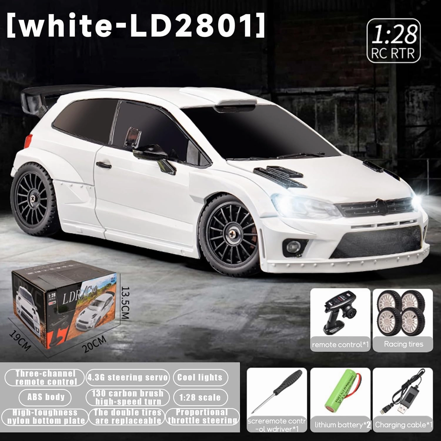 LD2801 1/28 Mini RC Drift Car GTR 2.4GHz 4WD RTR with 4PCS Drift Tires Racing Radio Control Cars (White)